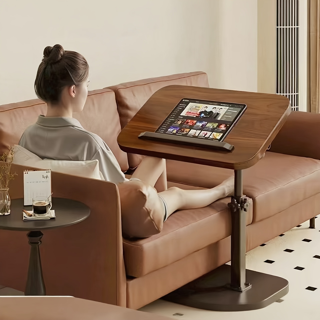 Office Furniture - ブラックウォールナット製スイベルノートパソコンデスク、高さ調節可能なサイドテーブル＆製図テーブル、家庭およびオフィス用モバイルベッドサイドテーブル
