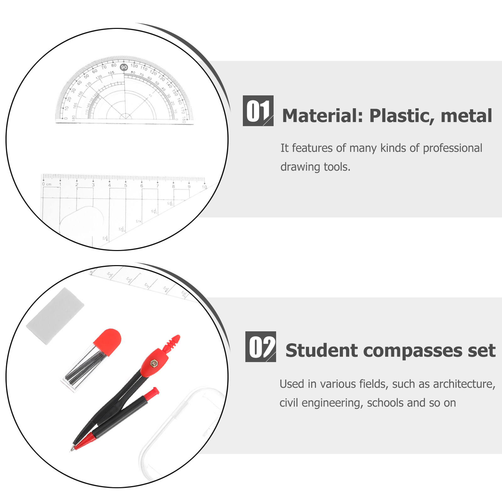 1セットのプロ仕様金属製コンパスと定規、および分度器。数学、 - Math Geometry Set With Compass のレビューと価格