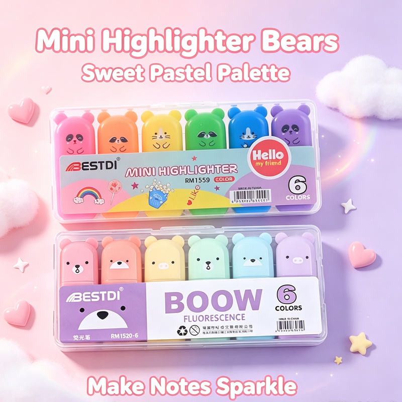 かわいいクマの形をした蛍光ペンセット。キュートな文房具、キャ - Pastel Highlighter Set Double Ended のレビューと価格